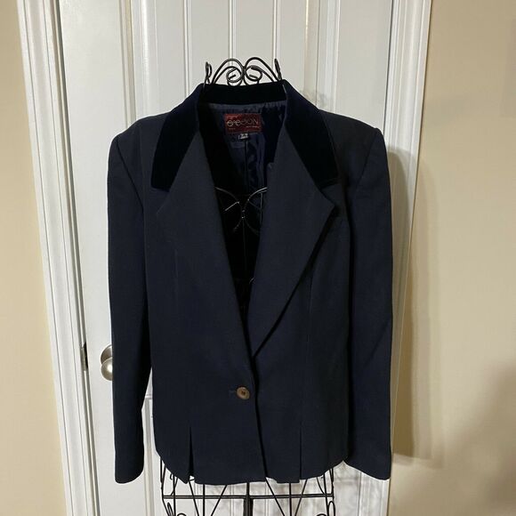 VTG SASSON Deep Navy Wool Blend Blazer Velvet Collar Single Breasted Sz 12/13 - Picture 3 of 10